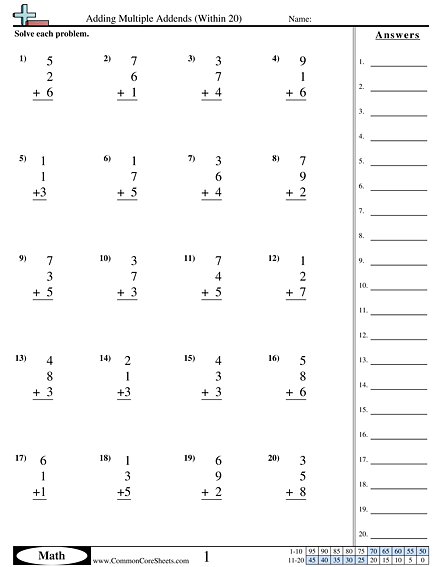 Addition Worksheets - Adding with Multiple Addends (Within 20) worksheet